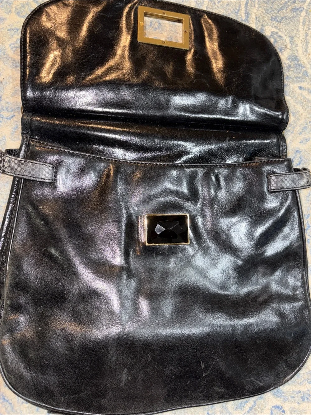 Black Leather and Gray Snake-Print Top Handle Bag